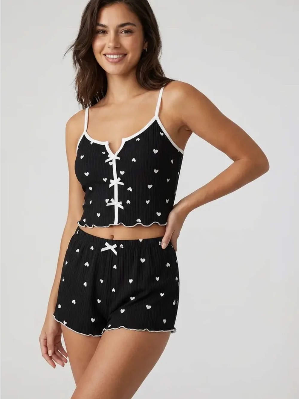 Dark Grey Heart-Print Cami & Short Pajama Set